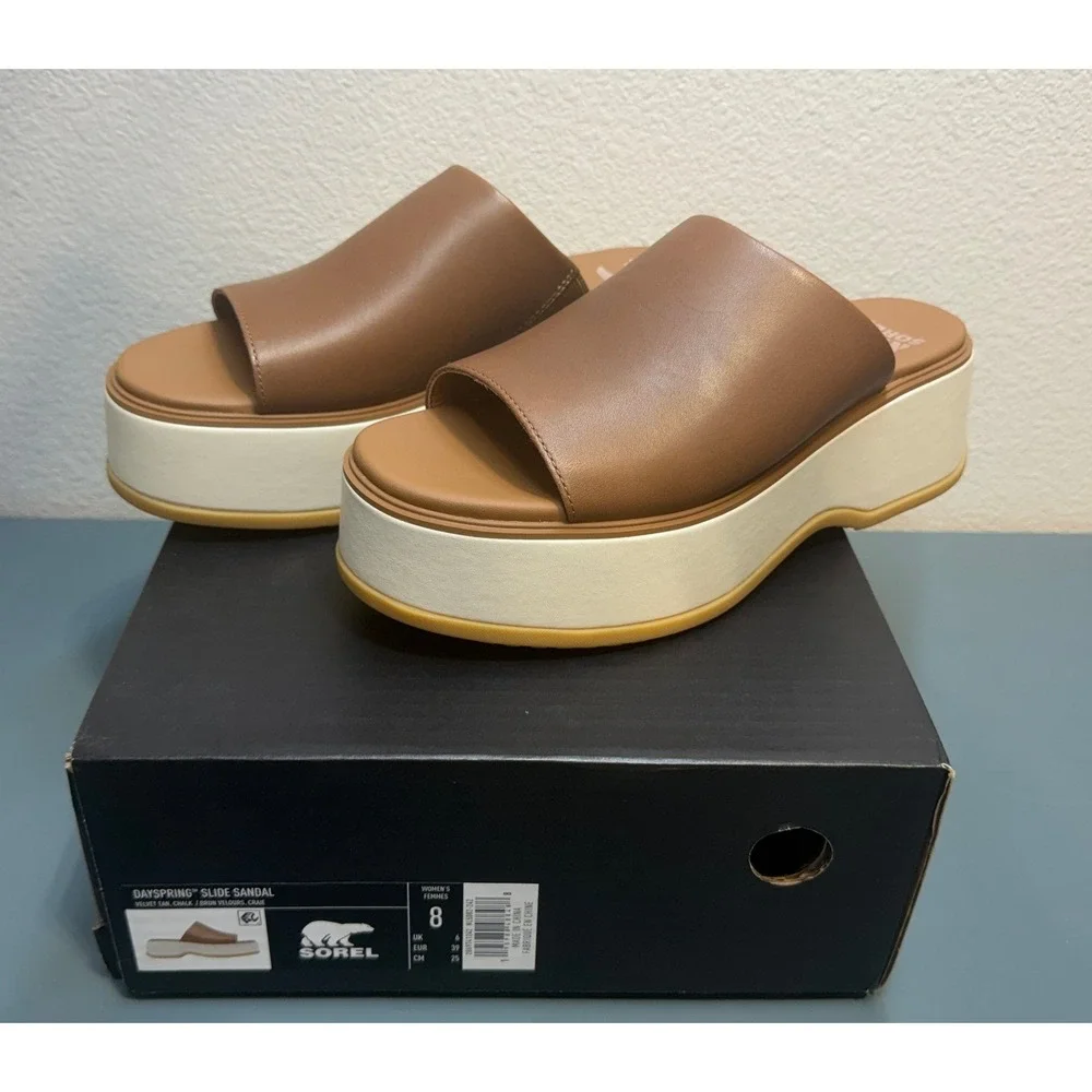 Sorel Dayspring Slide Sandal‎ Velvet Tan Chalk Leather Platform Mules Womens 8